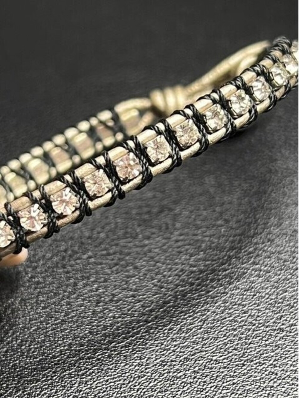 B6537 Fossil Wrap Bracelet Rhinestone Crystal Leather Cord Button Sparkle 7.5"